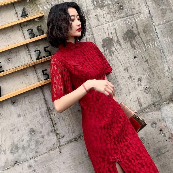 Etnik kıyafet artı kadınlar kırmızı düğün cheongsam yaz dantel elbise geliştirilmiş parti kostümü vintage ince geleneksel qipao xs