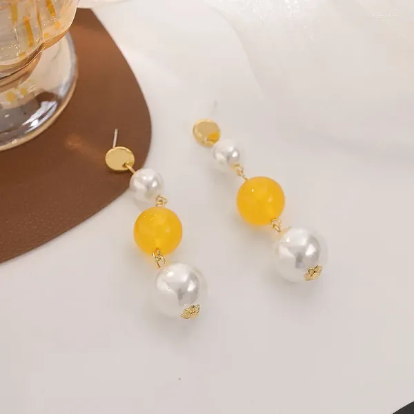 Orecchini pendenti Stile coreano Tendenza moda Perla con perline Colore lungo Perlina gialla Prezioso selvaggio 2023 e delicato