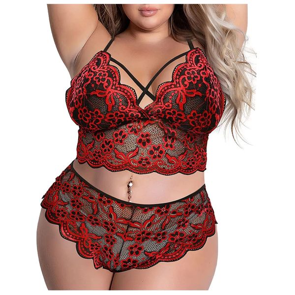 Set sexy Lingerie da donna Taglie forti Corsetto in pizzo Bralette Intimo in due pezzi Costume porno femminile Lenceria 231017