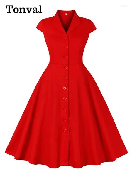 Partykleider Tonval Red Solide Baumwolle für Frauen Turn-Down-Kragen Einreiher Flügelärmel Sommer Plain Vintage Kleidung