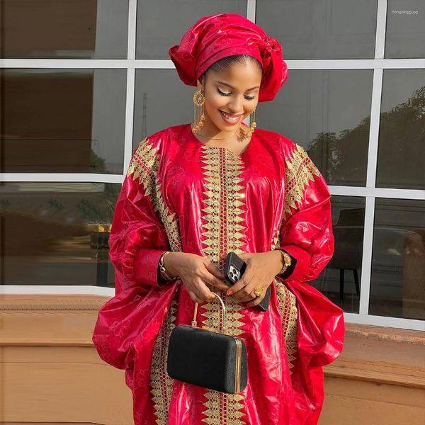 Ethnische Kleidung Afrikanische Rote Boubou Bazin Riche Hochzeit Braut Kleid 2023 Neueste Nigerian Mali Mix Größe Dashiki Mit Gold Staub stickerei Kleid