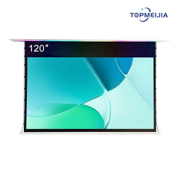 120-дюймовый роскошный потолочный моторизованный белый проекционный экран с голосовым управлением, моторизованный раскрывающийся проекционный экран, красочные неоновые огни