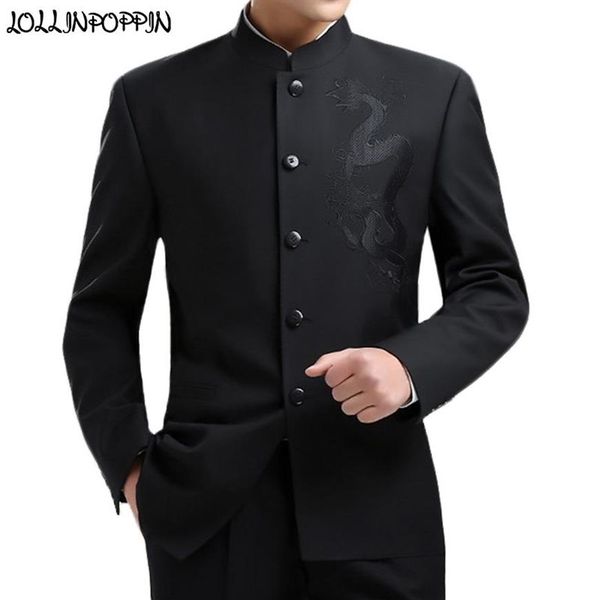 Мужская туника с вышивкой дракона в китайском стиле, куртка с воротником-стойкой, новое пальто кунг-фу, однобортное черное 201106360Y