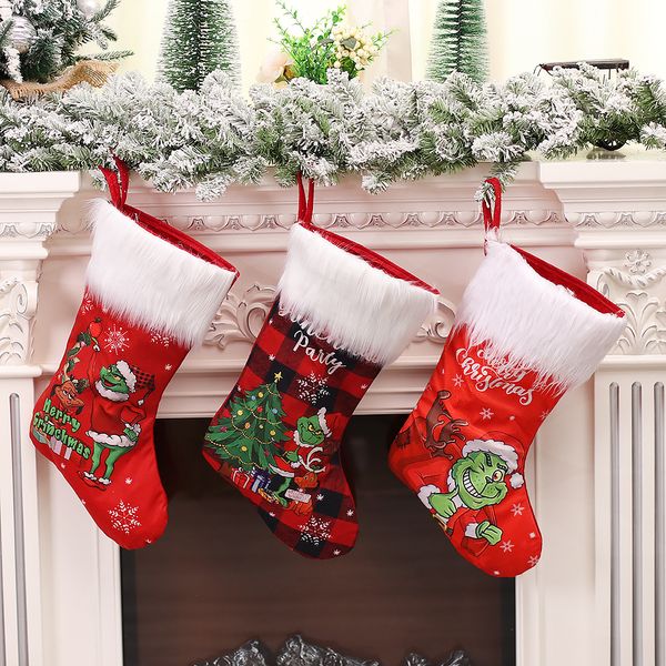 Decorações de Natal, meias de Natal Grinch de pelúcia, sacolas para presentes infantis na véspera de Natal, meias doces, sacolas para presentes