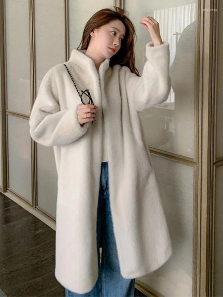 Pele feminina elegante senhora jaqueta longo casaco bege branco falso vison casaco moda gola manga peludo cardigan 2023 inverno