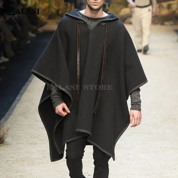 Misturas de lã masculina 2023 moda masculina roupas capa casacos capa de lã com capuz jaquetas cor sólida streetwear outono inverno poncho irregular sobretudo 231017