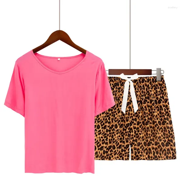 Pijamas femininos plus size S-3XL conjuntos de pijama de algodão camiseta leopardo impressão shorts pijamas roupas de casa com gravata borboleta para mulher