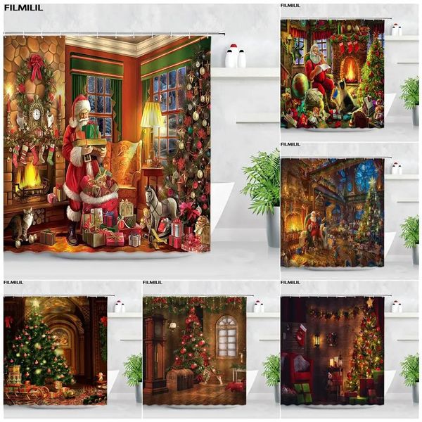 Chuveiro cortinas retro pintura a óleo natal papai noel guirlanda árvore de natal vintage lareira ano decoração banheiro cortina conjunto 231019