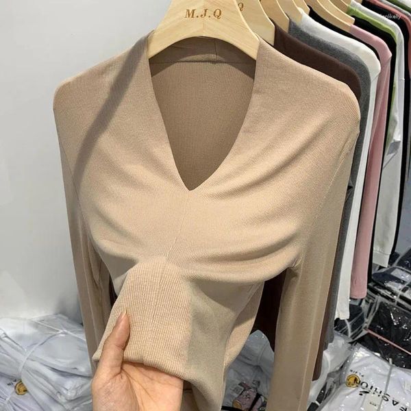 Camisolas femininas simples moda com decote em v outono inverno estiramento apertado dentro puro vento tempero menina sexy fino-ajuste temperamento manga longa topo