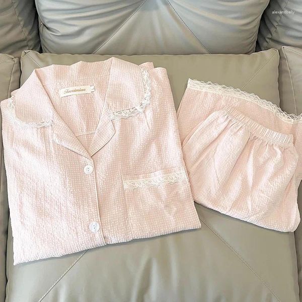 Pijamas femininos rosa pijamas verão algodão linho shorts de manga curta terno doce renda cardigan pode ser usado fora da casa wear