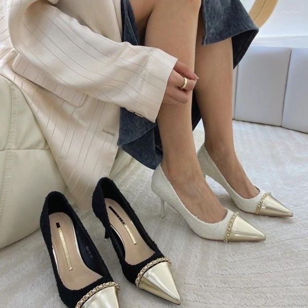 Sapatos de vestido estilo coreano moda cores misturadas finas saltos altos mulheres 2023 decoração de metal elegante mulheres zapatos de mujer tacones