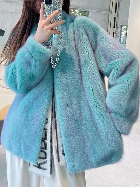 Pele feminina 2023 inverno falso casaco quente vintage manga longa feminino grosso ursinho casual solto oversize azul outwears b134