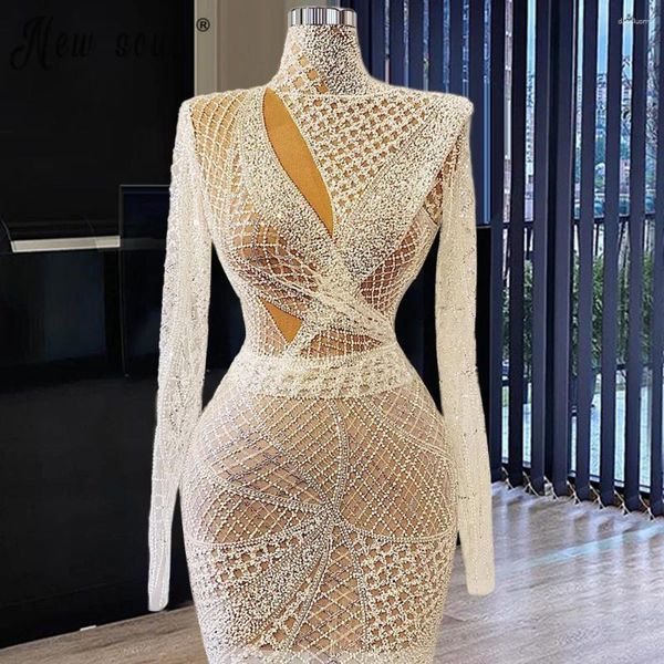 Abiti da festa Bianco collo alto Sirena da sera Dubai Manica lunga Abiti da ballo musulmani Illusion Vestidos Longue Robes