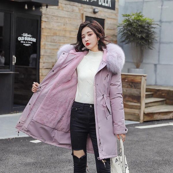 Trench da donna Cappotto invernale da donna Sezione versione coreana della giacca parka in cotone a vita sottile con collo in pelliccia grande e spesso caldo