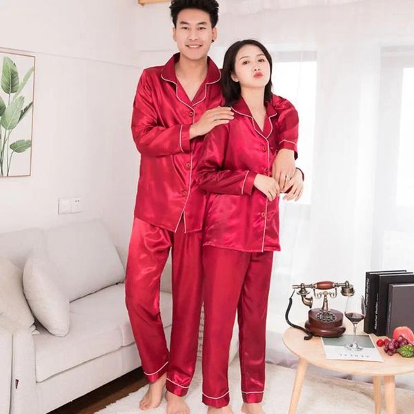 Homens sleepwear cetim seda pijama conjunto homens sexy moda moderna macio aconchegante camisola casal cor sólida manga longa terno