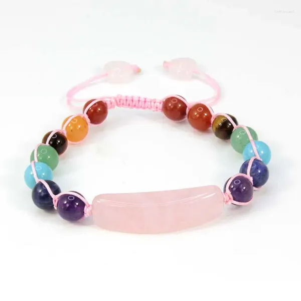 Braccialetti con ciondoli KFT Quarzo rosa naturale 7 Chakra Cristallo Reiki Piega Filo fatto a mano Corda Avvolta Gioielli in pietra macramè intrecciato