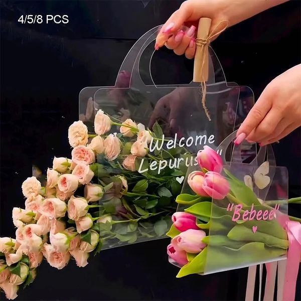 Envoltório de presente 3/4 / 5pcs saco de buquê de flores transparente com alça portátil sacos de embalagem de flores festa de casamento aniversário rosa embrulho caixa de presente 231019