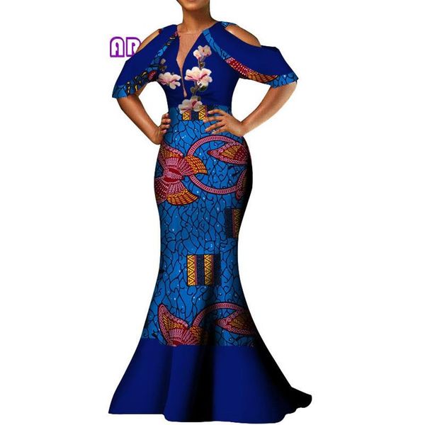 Kadınlar Afrikalı Elbiseler Balmumu Baskı Bazin Riche Dashiki uzun elbise seksi derin v yaka omuz-bare kolları düğün partisi wy3752278a