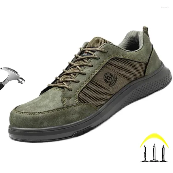 Ботинки зеленого цвета, дышащие кроссовки, защитная обувь с сеткой, рабочая обувь для мужчин, нескользящая мужская обувь со стальным носком, защитная обувь для взрослых