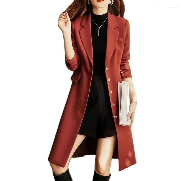 Женские тренчи, ветровка, пальто, осень-зима, кофейный, черный, красный, однобортный, облегающий, пригородная рабочая куртка средней длины