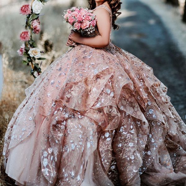 Vestido quinceanera bordado em ouro rosado, brilhante, 2024, vestido de baile, apliques, miçangas, lantejoulas, doce 15 16, vestido de 15 anos