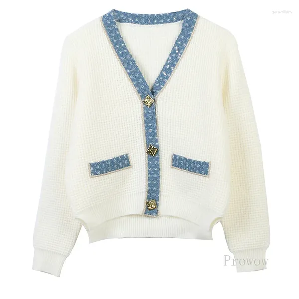 Malhas femininas jaqueta cardigan branco com denim guarnição feminina 2023 outono inverno camisola casaco contraste frisado com decote em v irregular malha