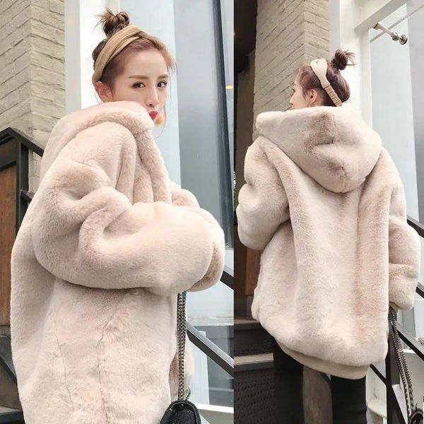 Imitação de pele feminina casaco de pelúcia outono e inverno solto tipo casulo engrossado roupas de cabelo oversize com capuz 2023