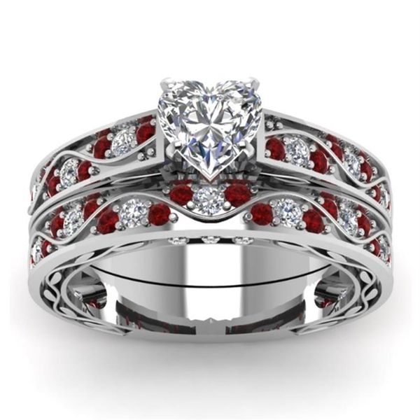 Delicado em forma de coração anel de casamento de diamante 925 prata esterlina rubi conjunto de anel de noiva anel de casamento aniversário compromisso jóias si309i