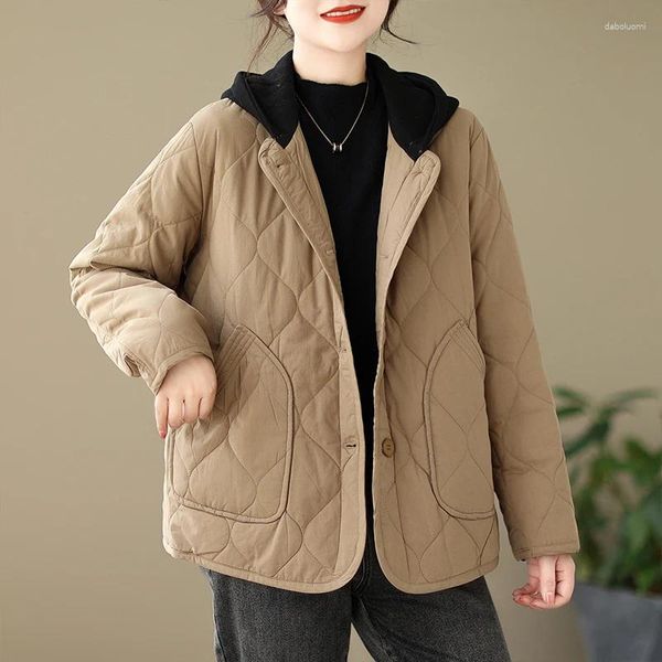 Damen-Trenchmäntel, 2023, bedruckt, Patchwork, mit Kapuze, gepolsterte Baumwolle, Taschen, Vintage, dünn, leicht, Herbst-Winter-Outwear, modisch, für Damen, lässig