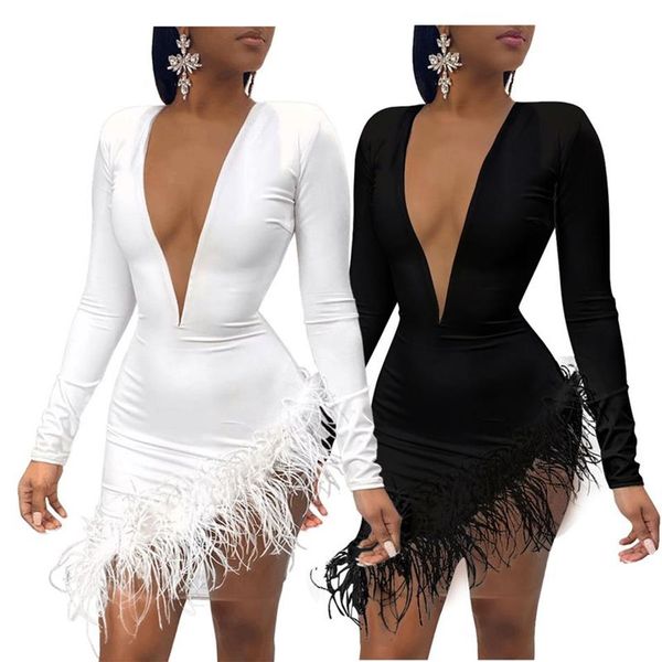 Frauen Solide Plunge Flauschigen Unregelmäßige Party Kleid Unregelmäßige Bodycon Mini Kleid Mode Lässig Stil Schwarz und Weiß241p