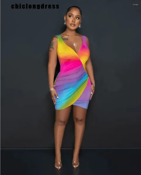 Casual Kleider Sommer Sexy Allmähliche Druck Kleid Frauen Mode V-ausschnitt Ärmelloses Elastische Mini