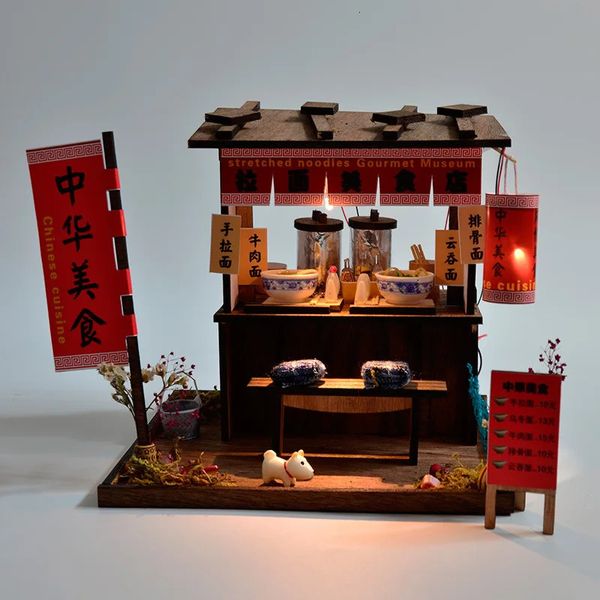 Accessori per casa delle bambole Creativo in stile cinese Casa in stile giapponese in legno assemblato a mano Street View teatro Ornamenti fai da te cibo e giochi modello giocattoli 231019