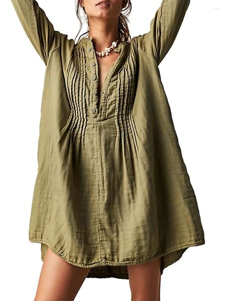 Vestidos casuais mulheres ultra mini vestido verão solto ajuste plissado botões manga longa femme aconchegante curto