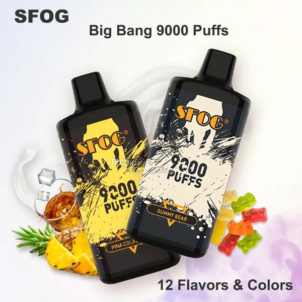 Vape portátil descartável SFOG big bang 9000 baforadas vape descartável puff 9k e cigarro pré-preenchido 18ml pod mesh bobina 12 sabores vapes caixa vapor caneta