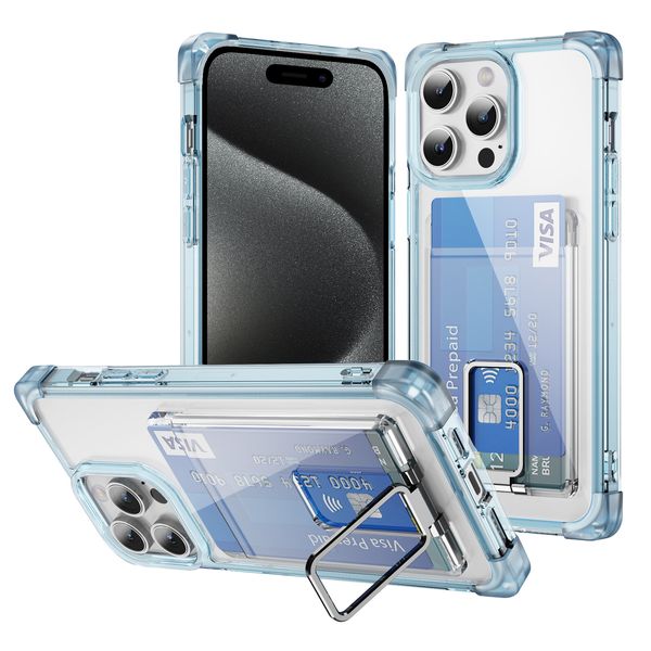 Transparente Acryl-TPU-Kartensteckplatz-Handyhüllen für iPhone 15 15Pro 15Plus Samsung Galaxy S24Plus S24Ultra S23 Klare, matte, quadratische, stoßfeste Abdeckung mit Halterung