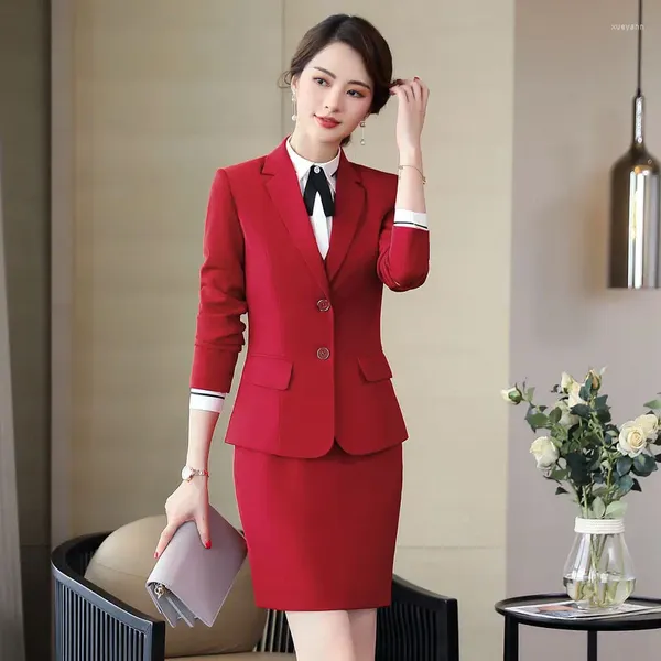 Robe de deux pièces formelle blazer rouge femmes costumes d'affaires 2 jupes et ensembles de haut dames vêtements de travail vestes uniforme de bureau styles OL