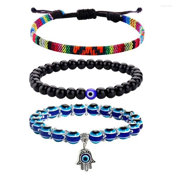 Charme Pulseiras Mão Trançada Corda Corda Bead Pulseira Ajustável 3 Pçs / Set Tecido Olho Conjunto Jóias da Sorte Para Mulher 2023 Bangles