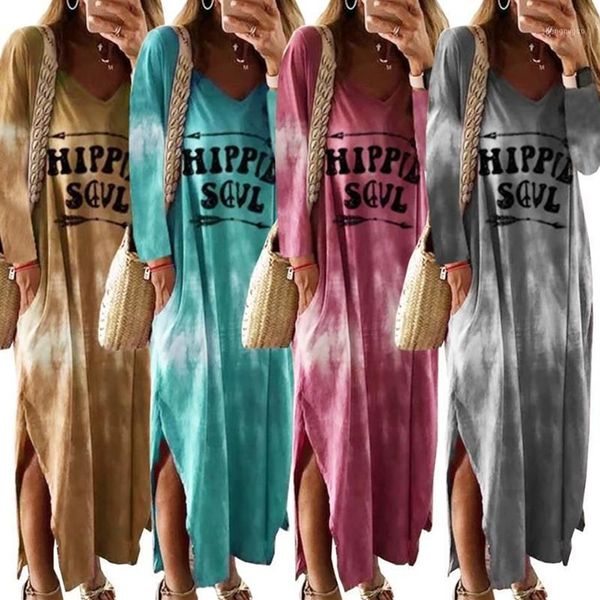 Abiti casual Tie Dye Abito sfumato di colore Sukienka Scollo profondo spacco laterale Robe Ete 2021 Lettera Hippie Soul Maxi manica lunga Donna232d