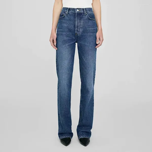 Frauen Jeans ZESSAM Solide Blau Hohe Taille Lose Gerade Frau Taste Tasche Lange, Breite Bein Hose Lässig Vintage Hose 2023