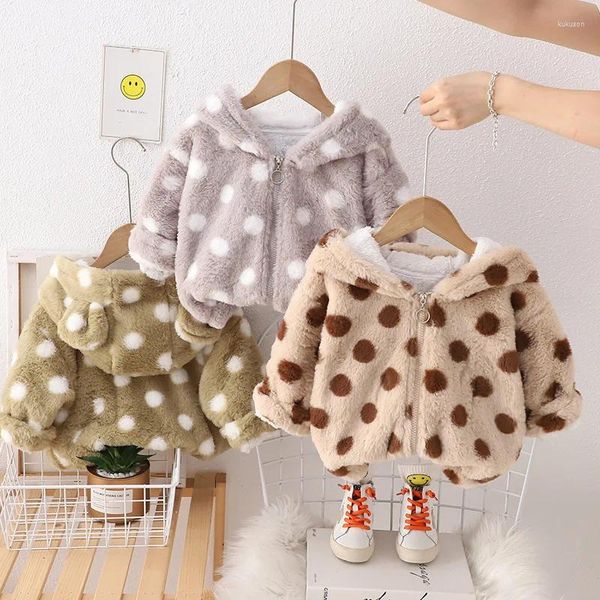 Jaquetas meninas polka dot com capuz casaco de pele sintética com espessamento de veludo 2023 roupas infantis. Roupas de inverno para bebês