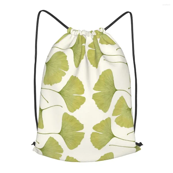 Sacos de compras Green Ginko Leaves Drawstring Backpack Homens Gym Workout Fitness Sports Bag Bundled Yoga para Mulheres