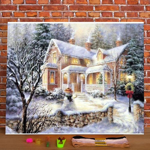 Dipinti Palla di Natale con neve Tela stampata 11CT Kit di ricamo a punto croce DMC Fili Pittura artigianale Pacchetto cucito 231019