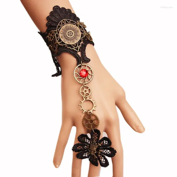 Charme Armbänder Vintage Skeleton Hohle Spitze Armband Sexy Schwarz Antik Gold Farbe Getriebe Link Ketten Braut Schmuck Strass Armreifen