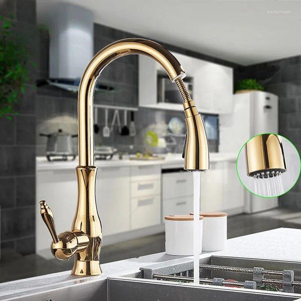 Küchenarmaturen Golden Black Pull Out Sink Faucet 360 Rotation Deck Mounted Two Outlet Water Modes Cold Mixer Tap