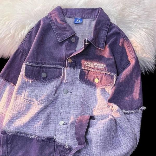 Jaquetas masculinas denim jaqueta retro cor contraste costura roxo feminino casual personalidade turndown colarinho single-breasted tops