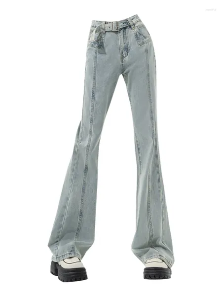 Jeans femininos mulheres moda coreana vintage calça jeans queimado com cinto calças compridas skinny bell bottoms streetwear maré alta rua