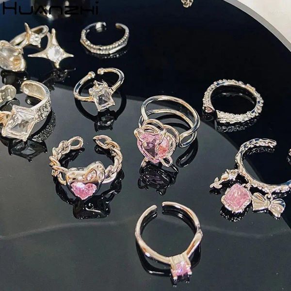 Anéis de cluster quadrado transparente zircão arco corrente metal oco estrela rosa strass amor coração para mulheres menina festa jóias 2023