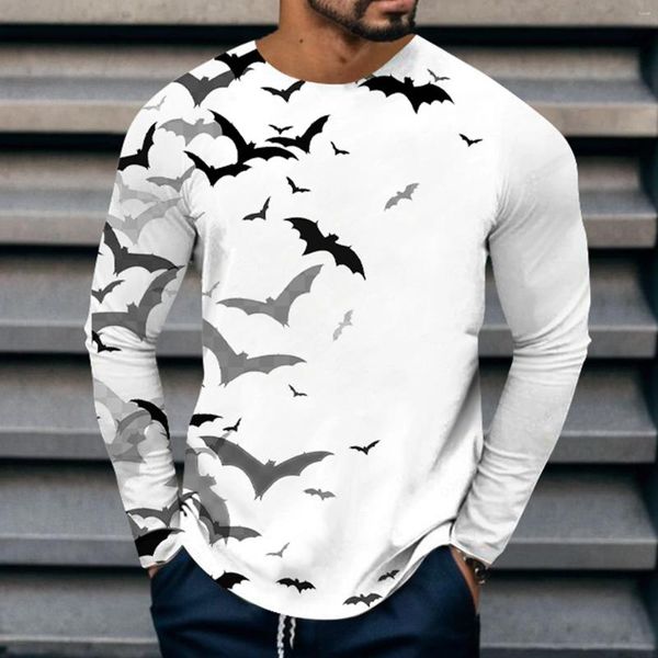 Herren-T-Shirts, Fledermaus-Aufdruck, langärmelig, Rundhalsausschnitt, Halloween-T-Shirts, Top, Herbst-Winter, grafische T-Shirt-Kleidung