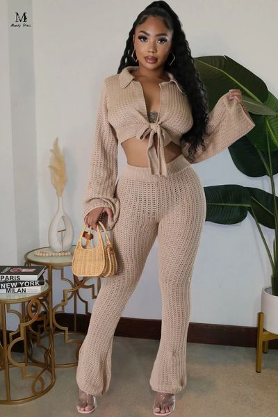 Womens Tracksuits Sexy Mulheres Crochet Knit Sets Manga Longa Crop Tops e Calças Flare Y2K Streetwear Outono Inverno Club 2 Duas Peças Outfits 231018