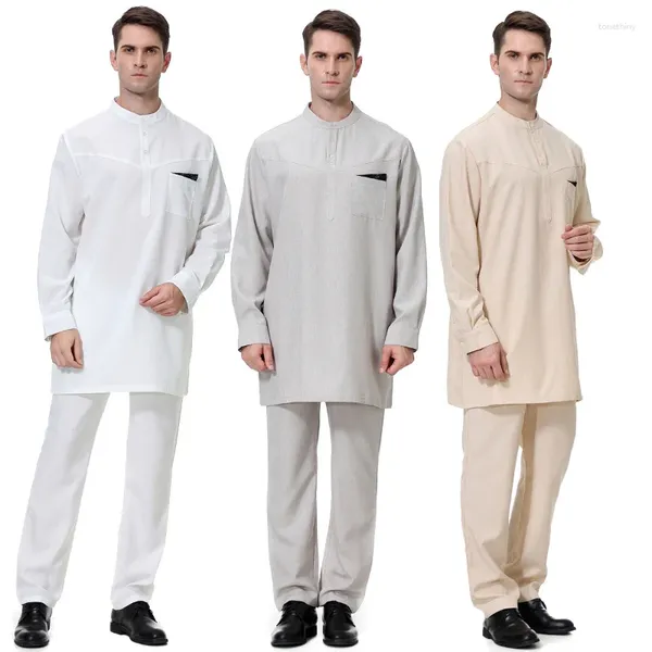 Tracksuits masculinos 2023 estilo roupas médio oriente áfrica moda cor sólida em torno do pescoço manga comprida botão roupas calças conjunto de duas peças